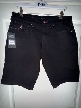 True Religion Men's Black Shorts with Red Contrast Stitching